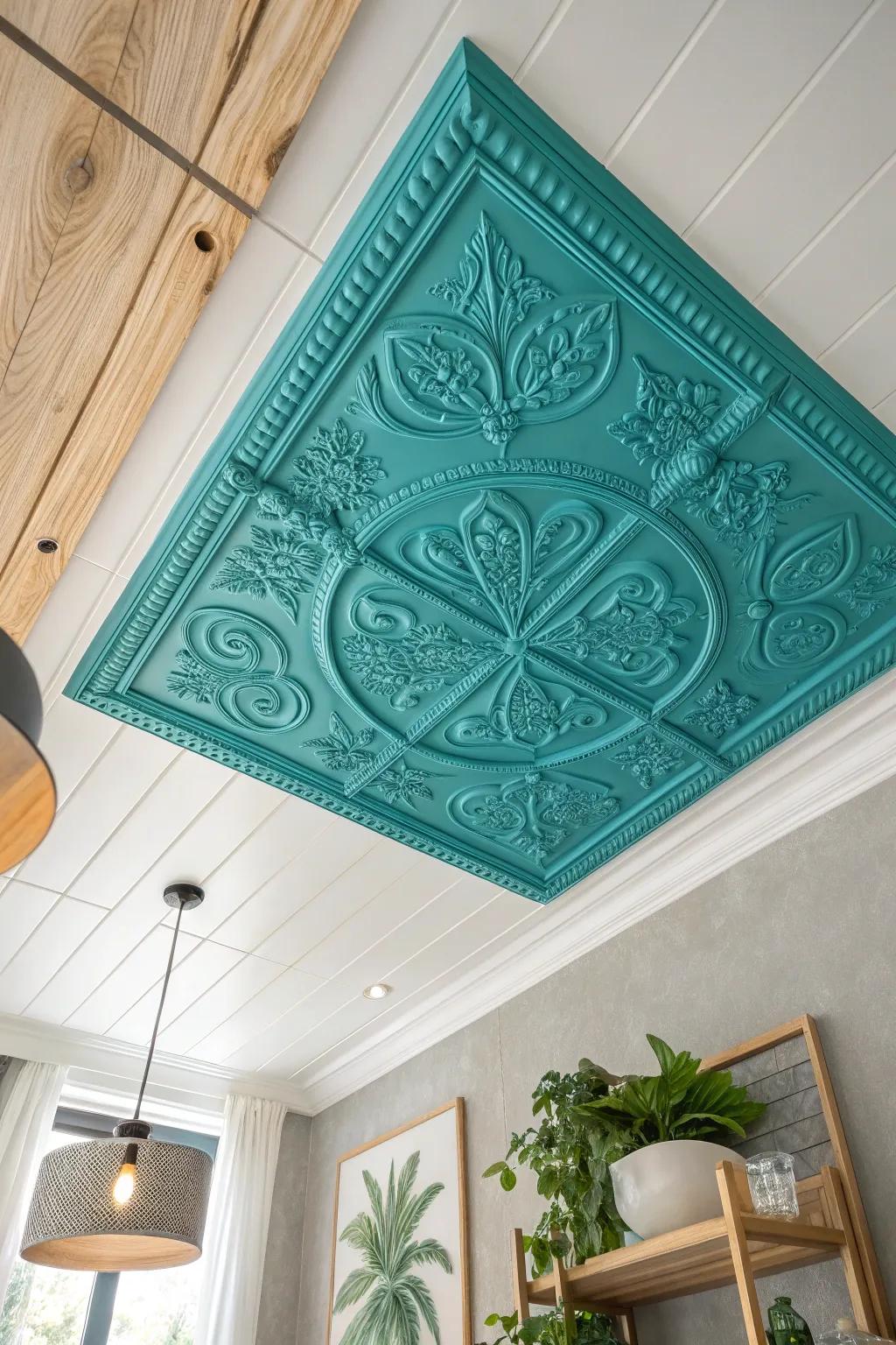 Transform your space with a burst of color: a teal-painted ceiling tile that becomes the room's stunning focal point.