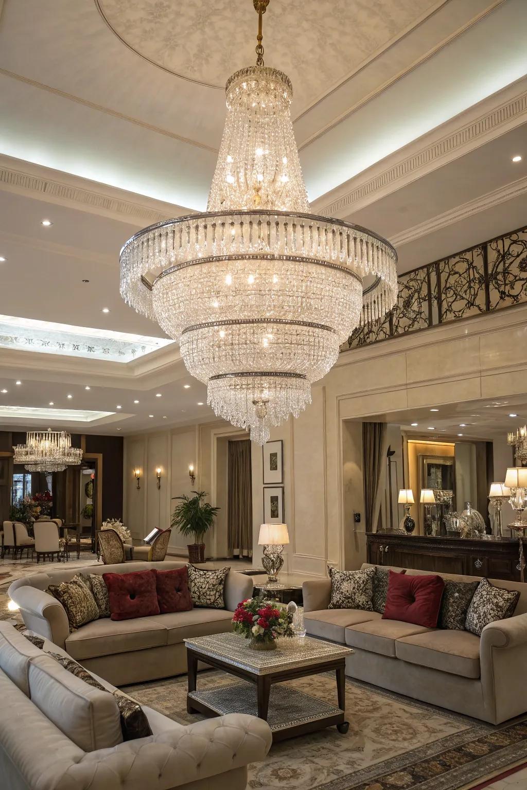 An elegant living room with a large crystal chandelier as the centerpiece.