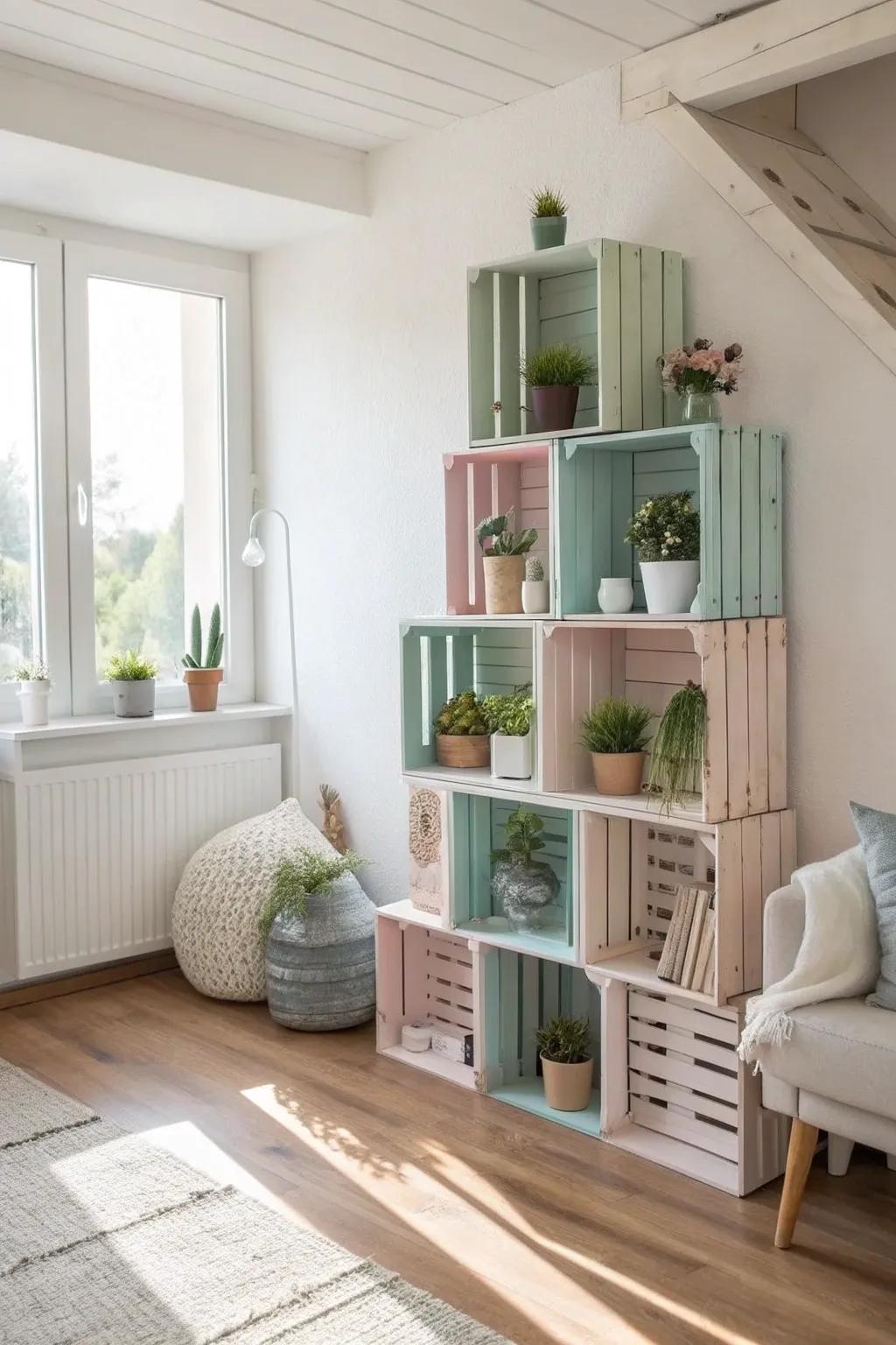 Transform wooden crates into a chic, minimalist bookshelf with a hint of Boho charm. Perfect for adding a rustic touch to any space!