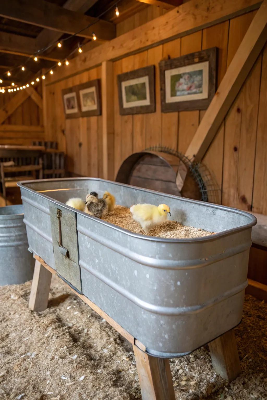 Craftsmanship meets practicality: A galvanized water trough turned brooder for your little flock.