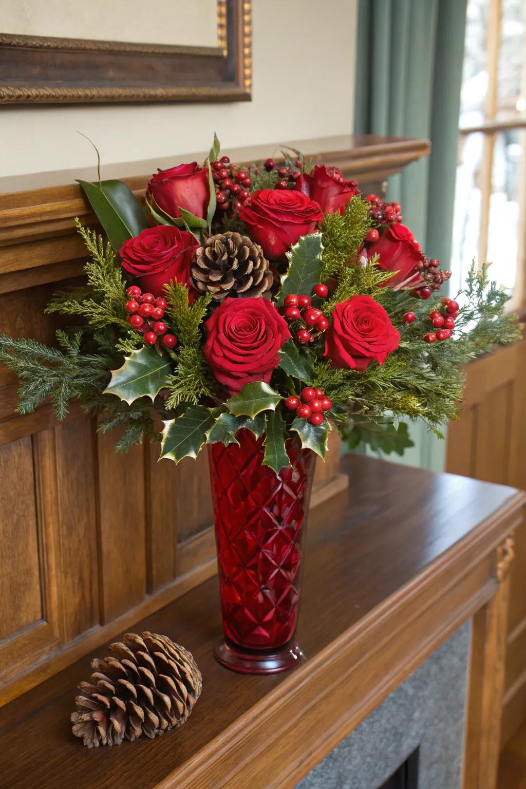 Classic elegance with red roses and green holly for a timeless Christmas look.