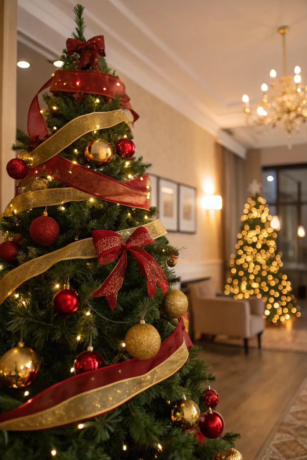 A classic red and gold ribboned tree that exudes holiday warmth and elegance.