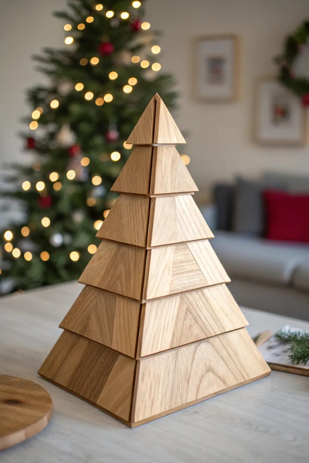 Elevate your holiday decor with this modern geometric wooden Christmas tree, a perfect blend of craftsmanship and style.