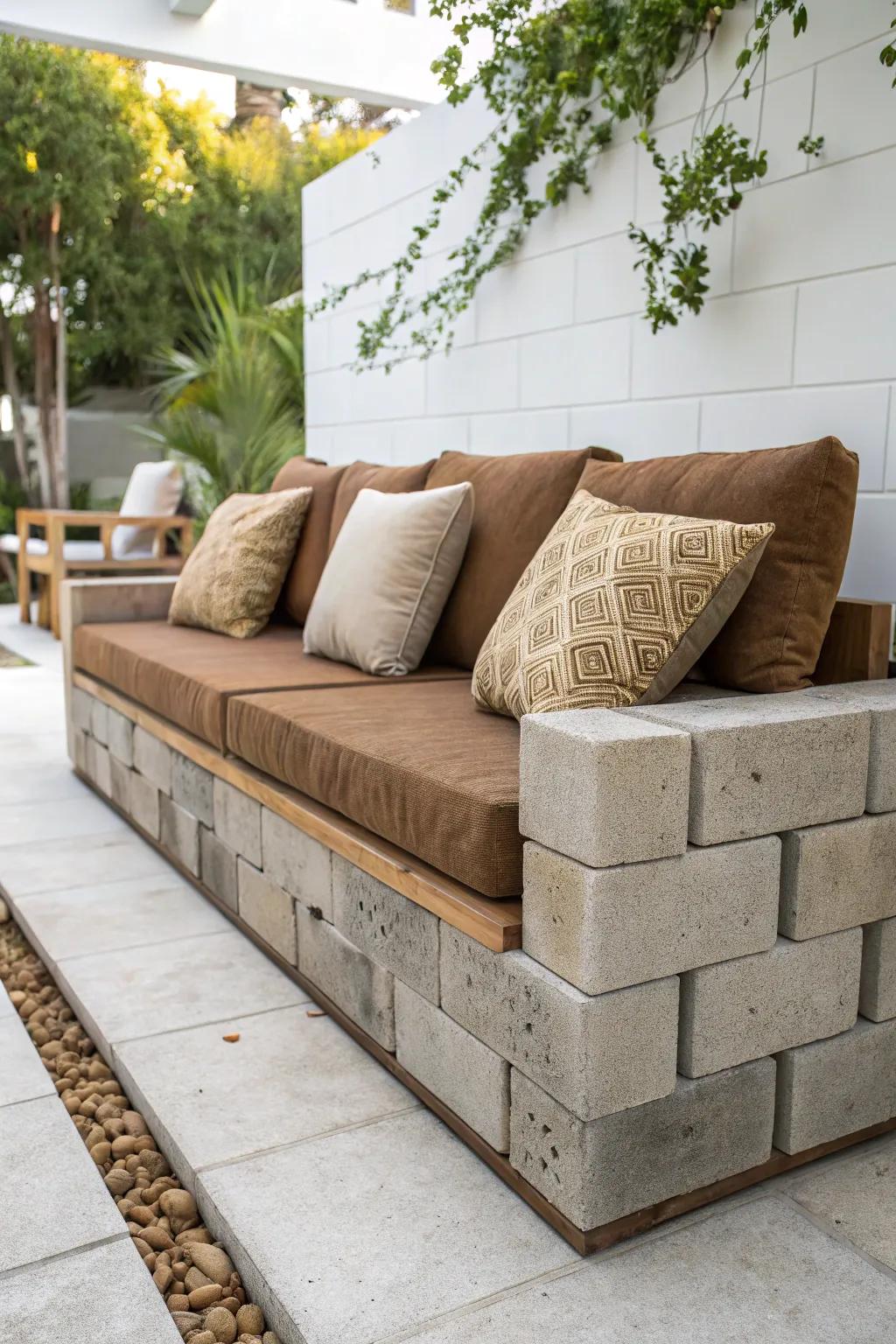 Elevate your patio with this chic cinder block sofa – a blend of rugged craftsmanship and cozy comfort.