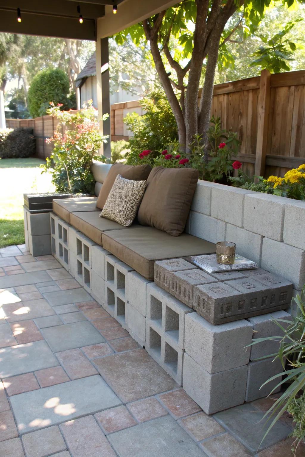 Craftsmanship meets comfort: A cinder block bench for your ultimate patio retreat.