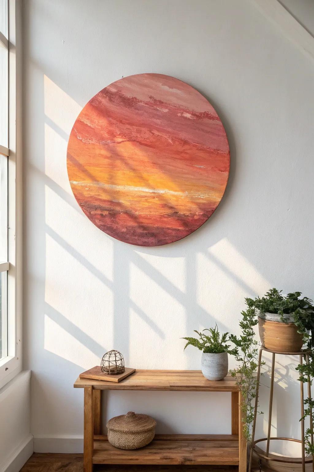 Embrace the tranquility of sunset hues in your circle art, capturing the serene beauty of the evening sky.