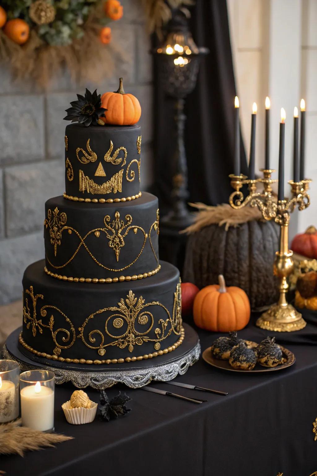 A black and gold Halloween wedding cake exudes elegance and mystery.