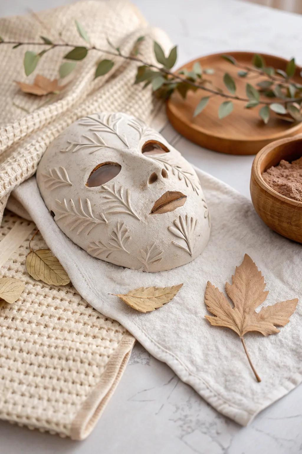 Embrace nature's tranquility with this exquisite leafy clay mask, a perfect blend of simplicity and natural beauty.