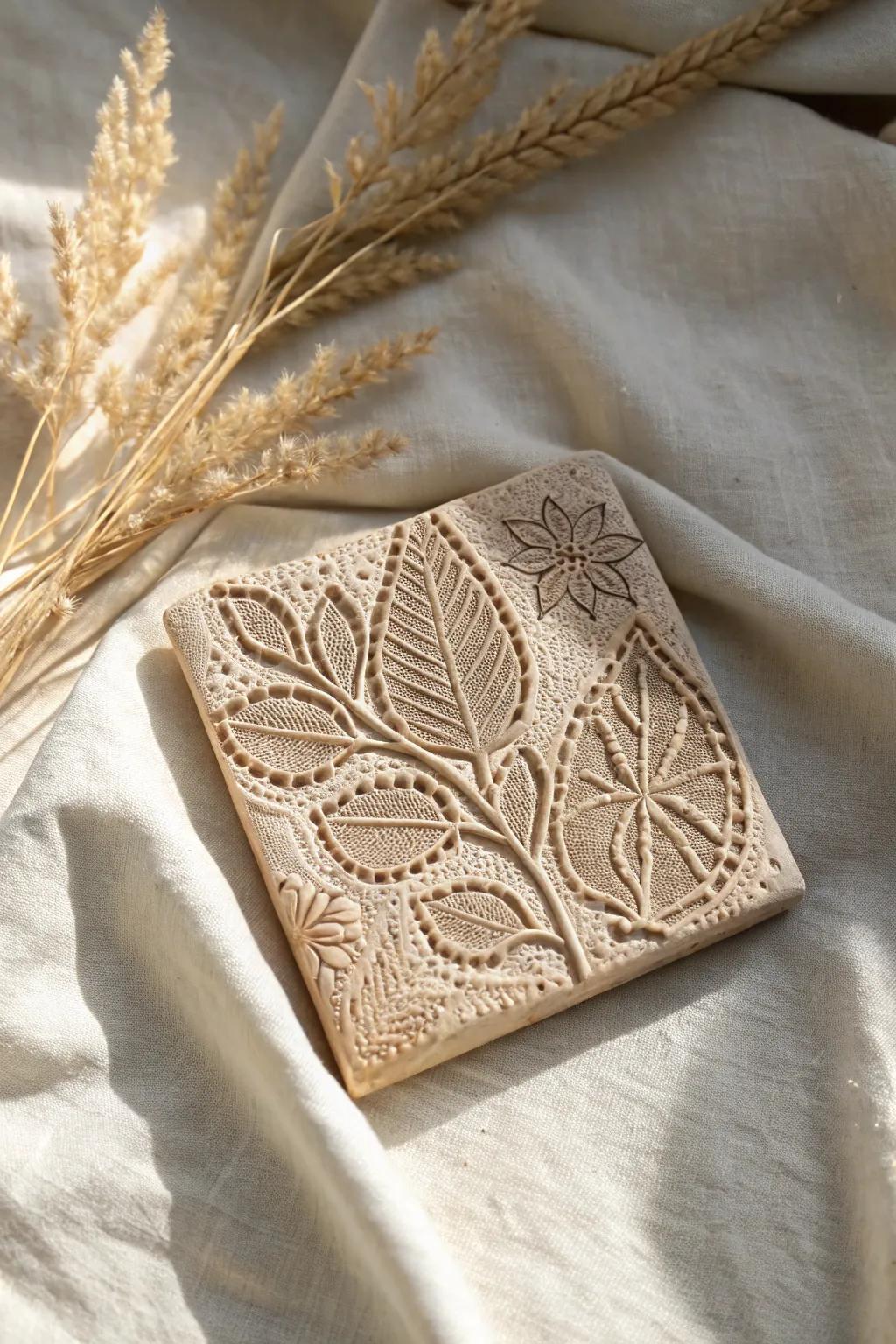 Discover the beauty of textured clay tiles, where nature meets artistry in every imprint.