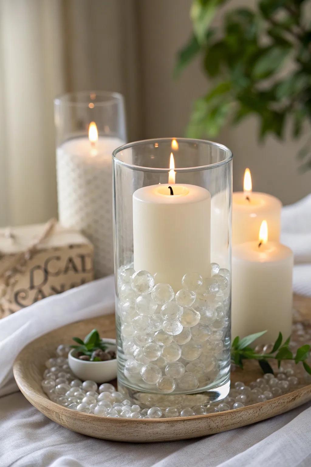 Elevate your dinner table with the serene beauty of floating candles on a bed of clear Orbeez.