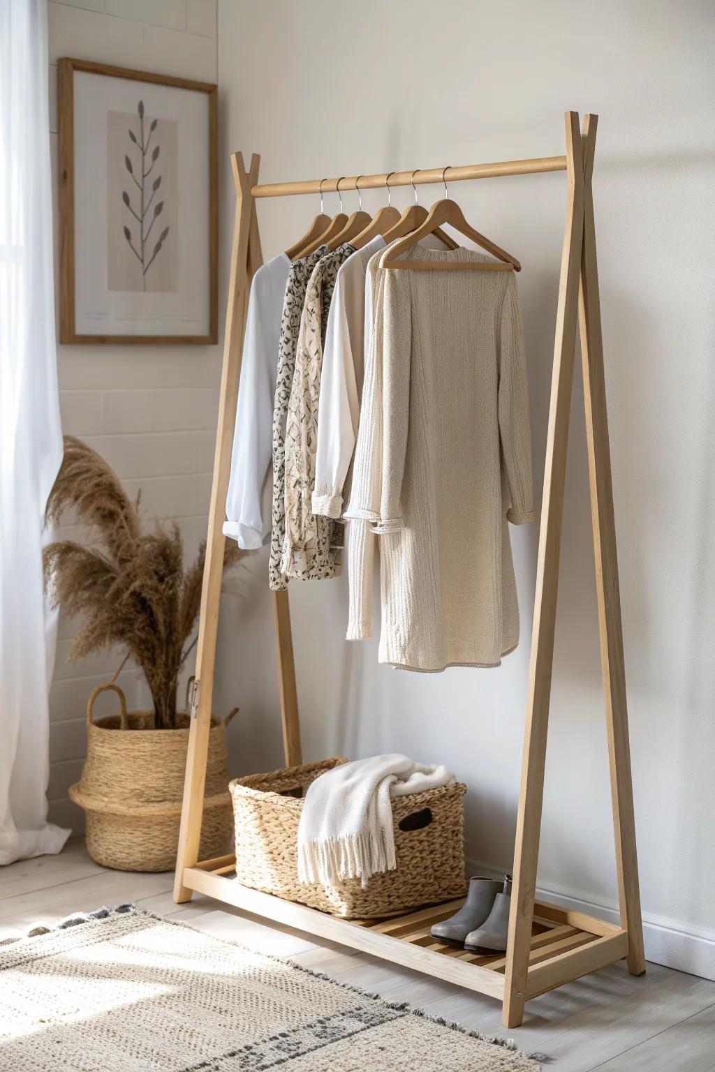 Discover the beauty of simplicity with this elegant minimalist clothing rack, where every garment tells its own story.