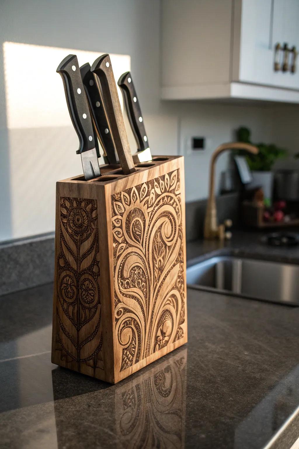 Elevate your kitchen aesthetics with this artisan-crafted knife holder, where functionality meets art.