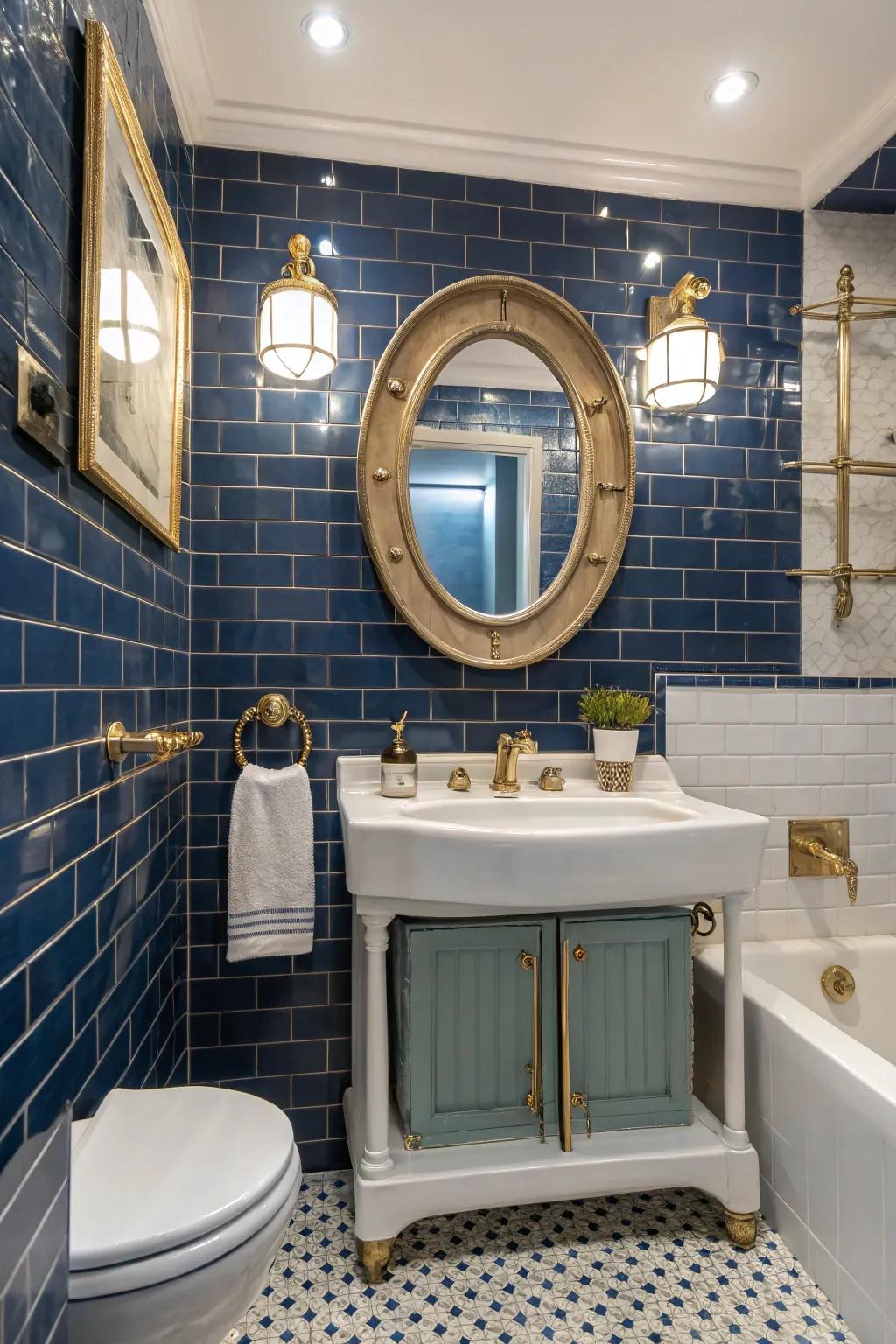 Nautical blue tiles bring the depth of the ocean into your bathroom.