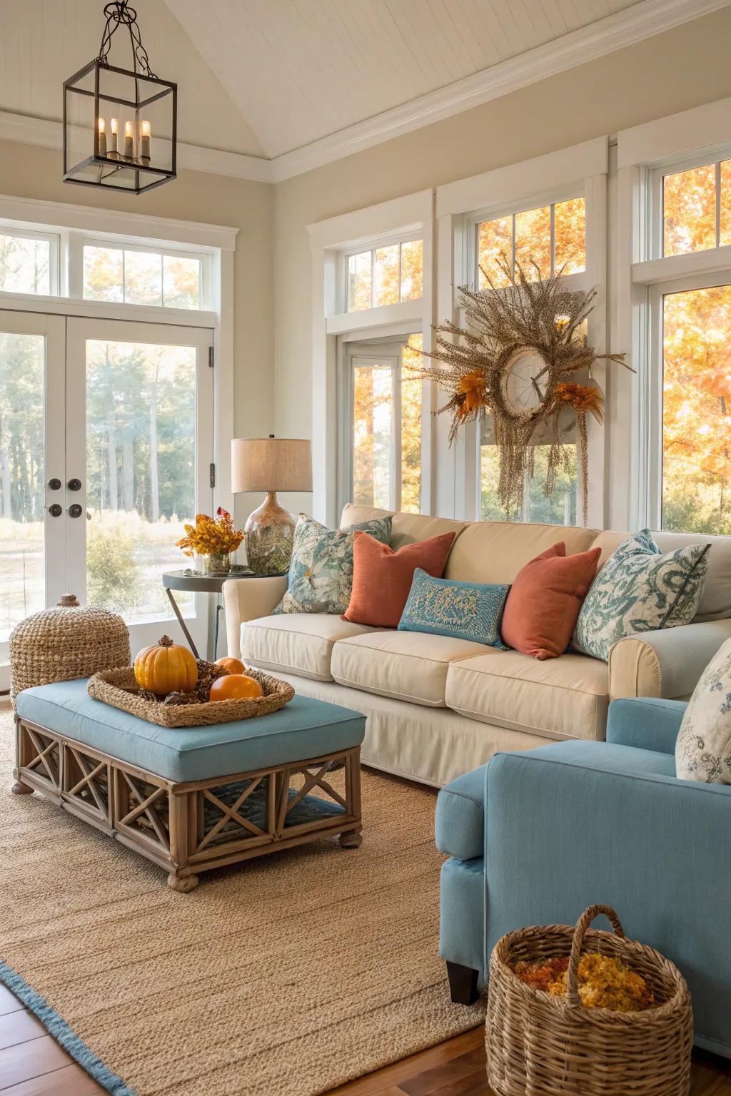 A harmonious blend of coastal and autumn hues.