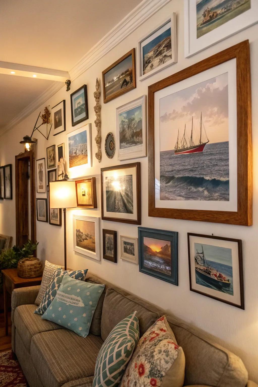A nautical gallery wall transforms a blank space into a beachside view.