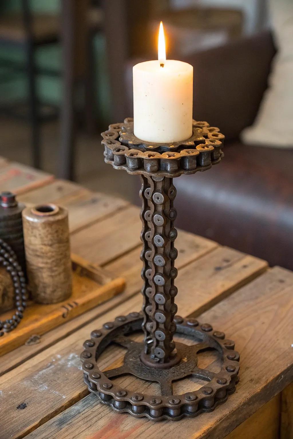 Illuminate your space with industrial charm: a handcrafted metal candle holder from repurposed bicycle chains.