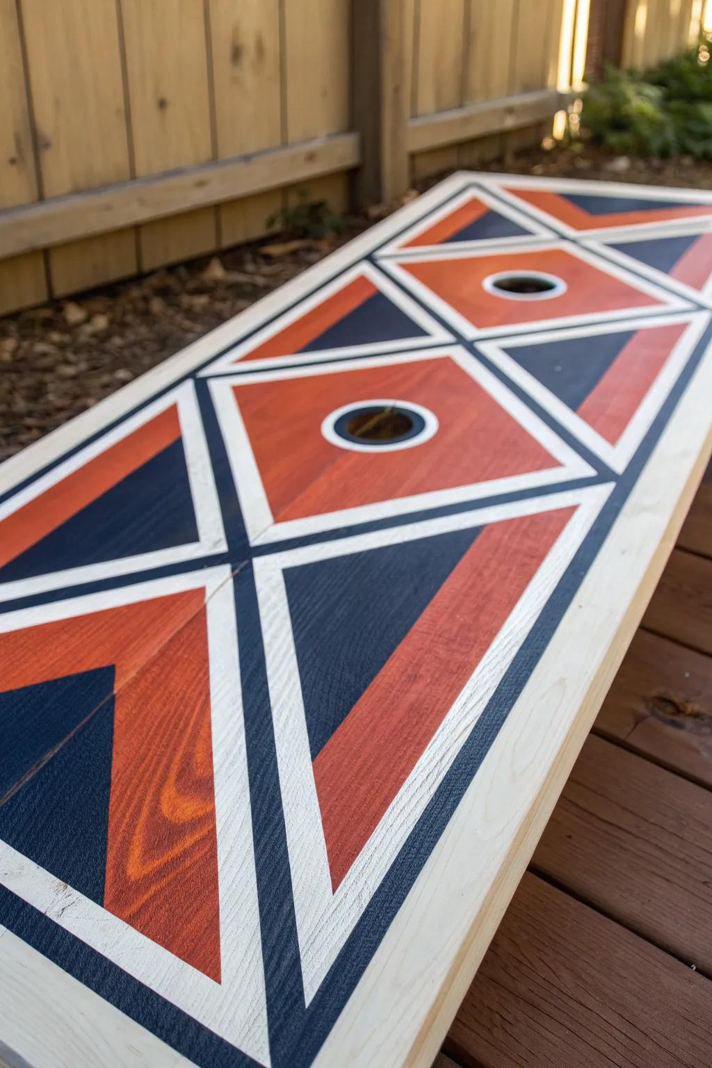 Transform your cornhole game with striking geometric patterns that make a bold statement!