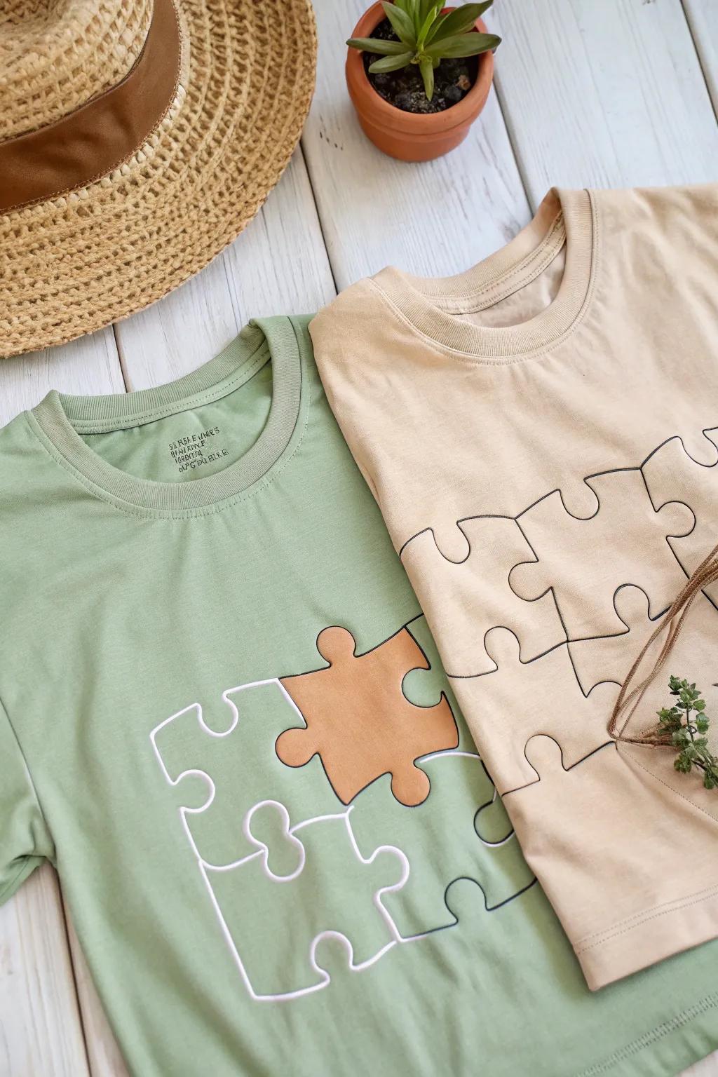 Perfectly paired: Complete each other with these puzzle piece T-shirts.