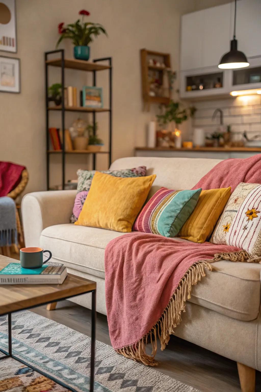 A cozy seating area with cushions and throws invites relaxation and comfort.