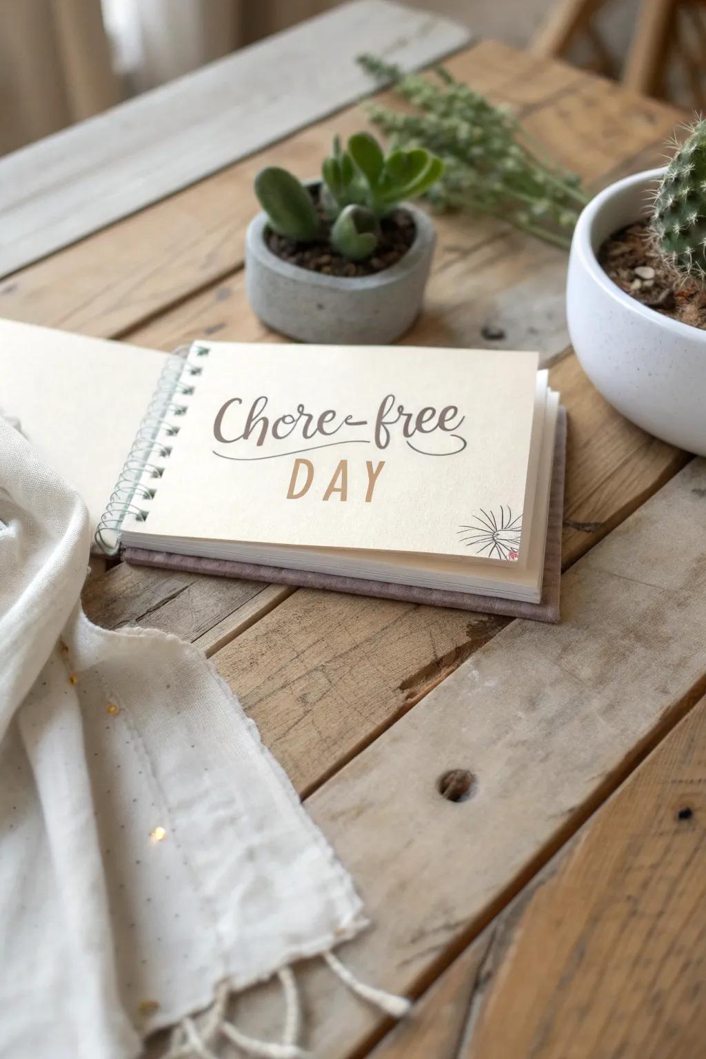 Gift a day of relaxation with a beautifully crafted 'Chore-Free Day' coupon.