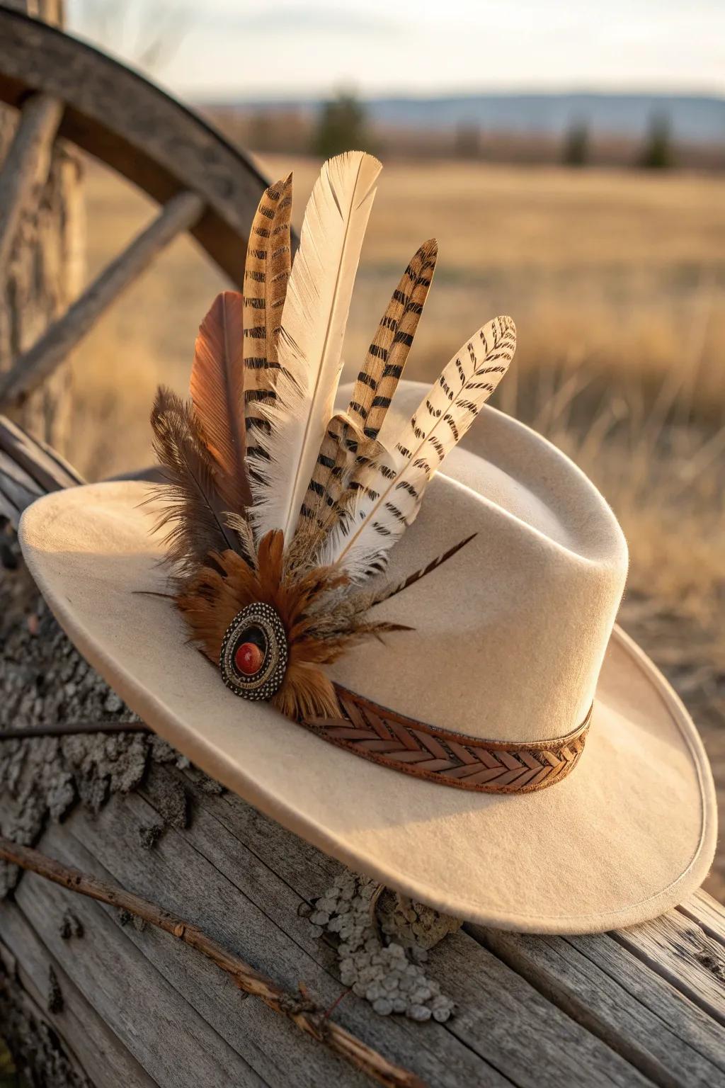 Elevate your cowboy style with a touch of feathered finesse. #FeatherFlair #WildWestVibes