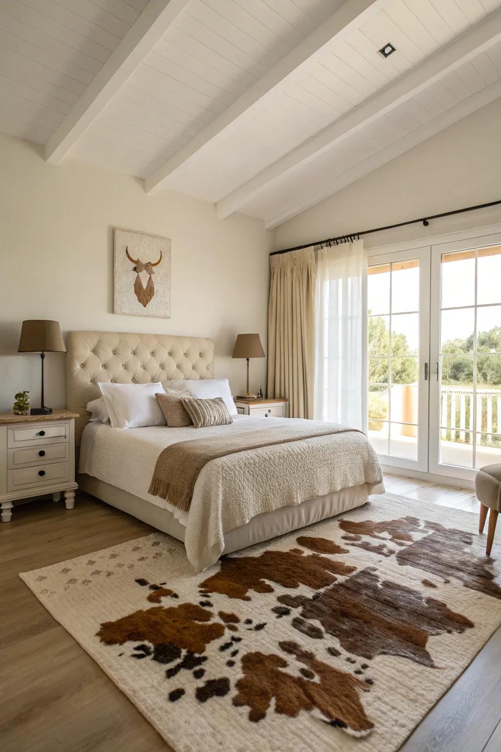 Neutral-toned bedroom with a cowhide rug as the centerpiece.