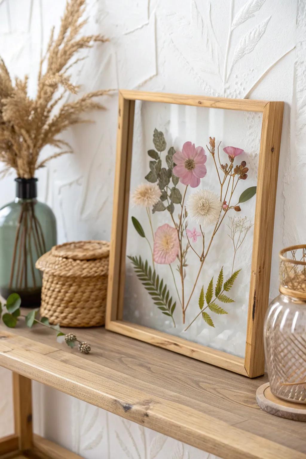 Bring the beauty of nature indoors with pressed flowers in elegant glass frames. Perfect for a cozy craft night!