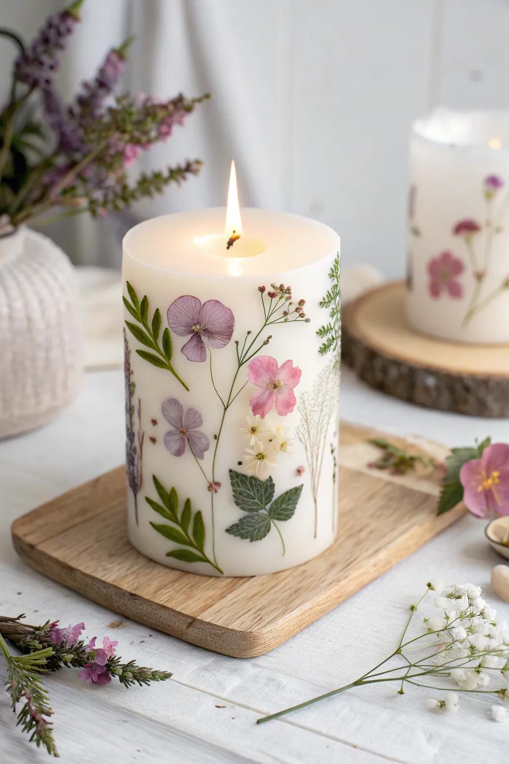 Illuminate your space with the subtle charm of pressed flower candles, where nature's artistry meets minimalist elegance.