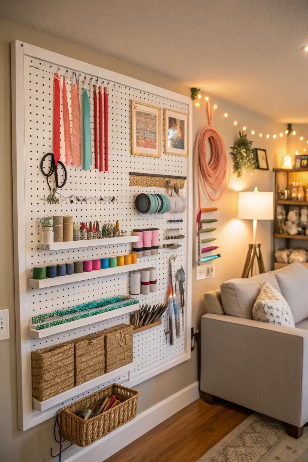 A craft room pegboard neatly organizes tools and supplies.