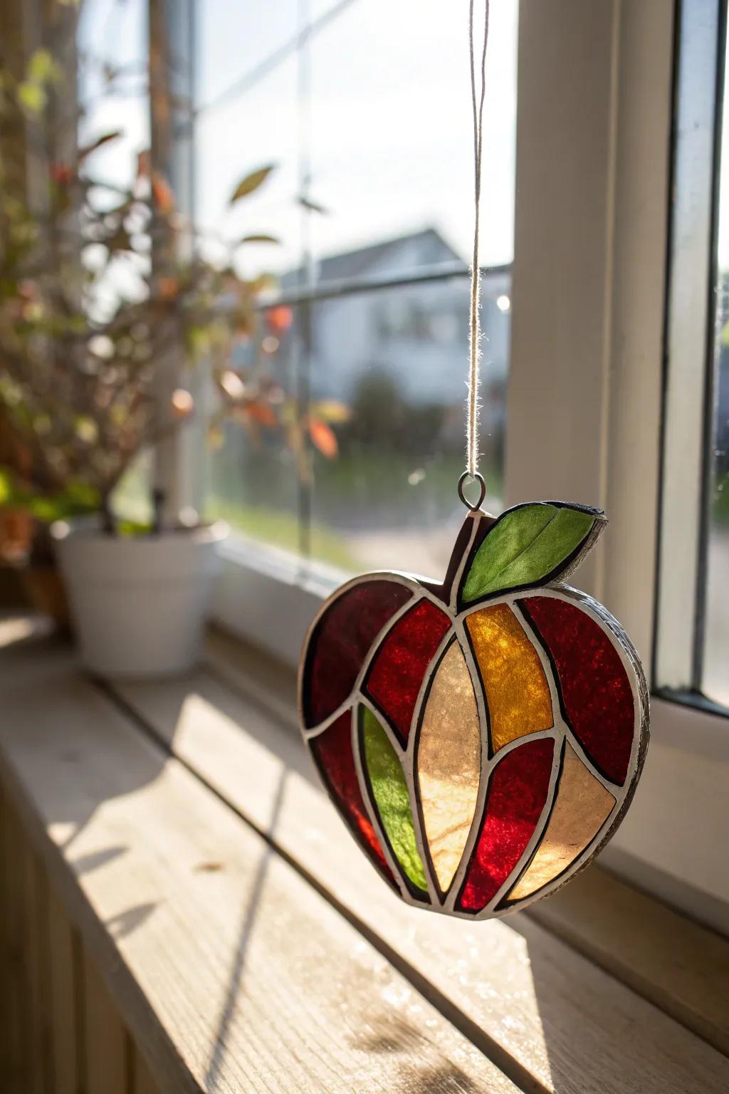 Add a touch of color and craftsmanship to your space with this stunning stained glass apple.