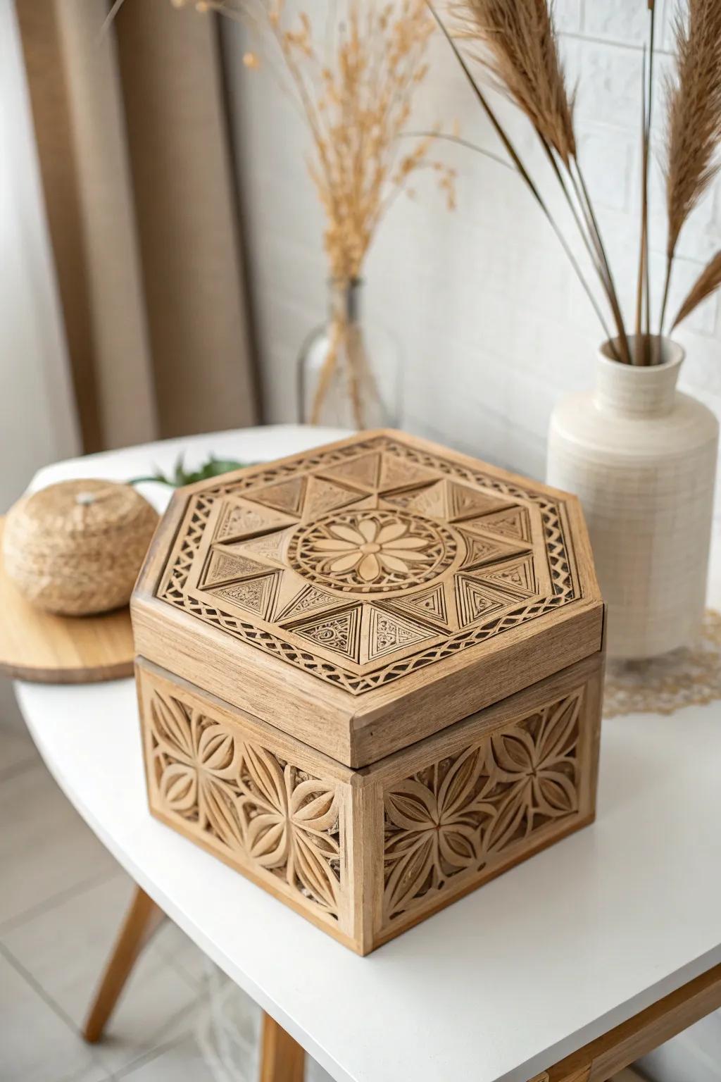 Discover the art of gifting with this exquisite hexagonal box, where geometry meets elegance in a Scandinavian-Boho blend.