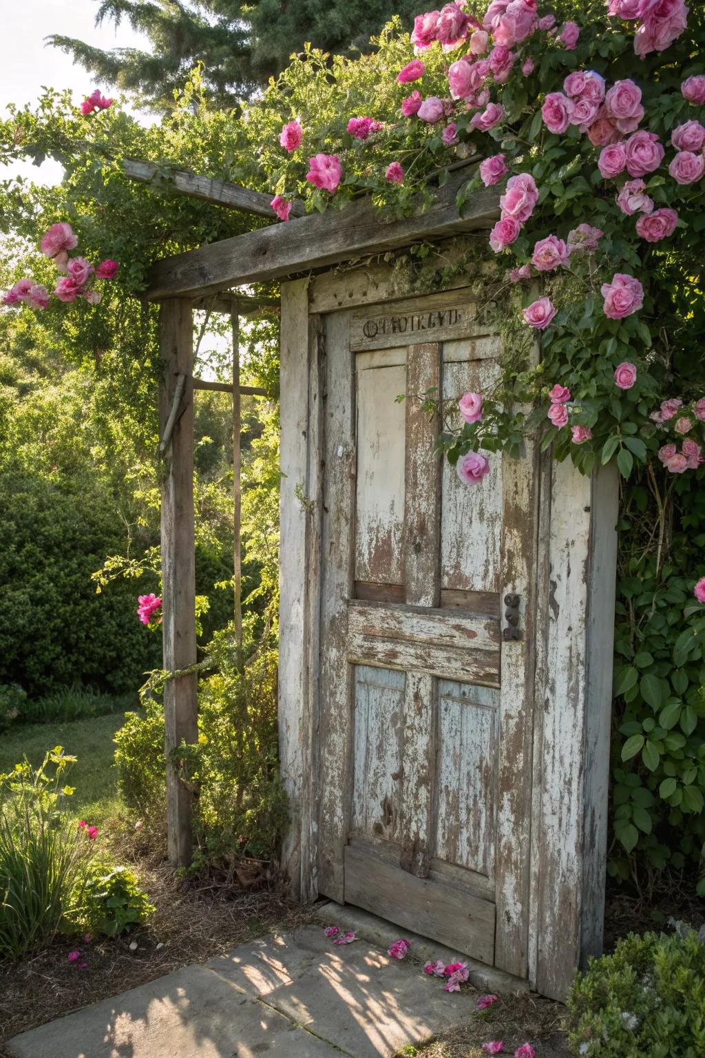 Transform your garden with this charming door-turned-trellis, a perfect blend of rustic beauty and creative craftsmanship.