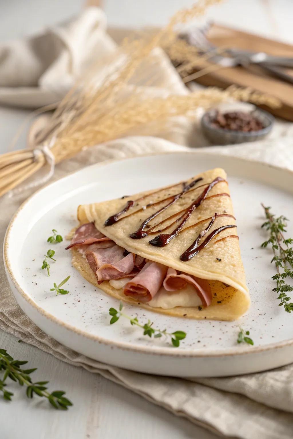 Indulge in the perfect balance of sweet and savory with our artisan crepe creation.