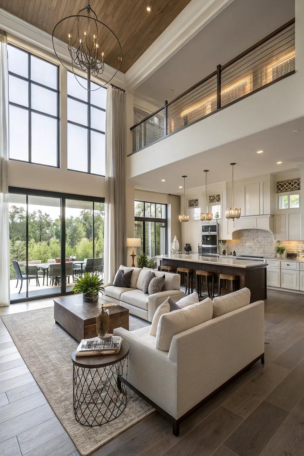 An inviting open-concept space blending the kitchen and living area.