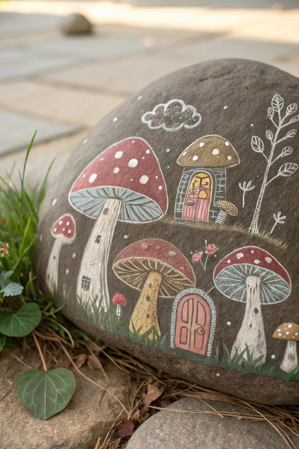 Step into a fairyland with this whimsical mushroom village chalk art!