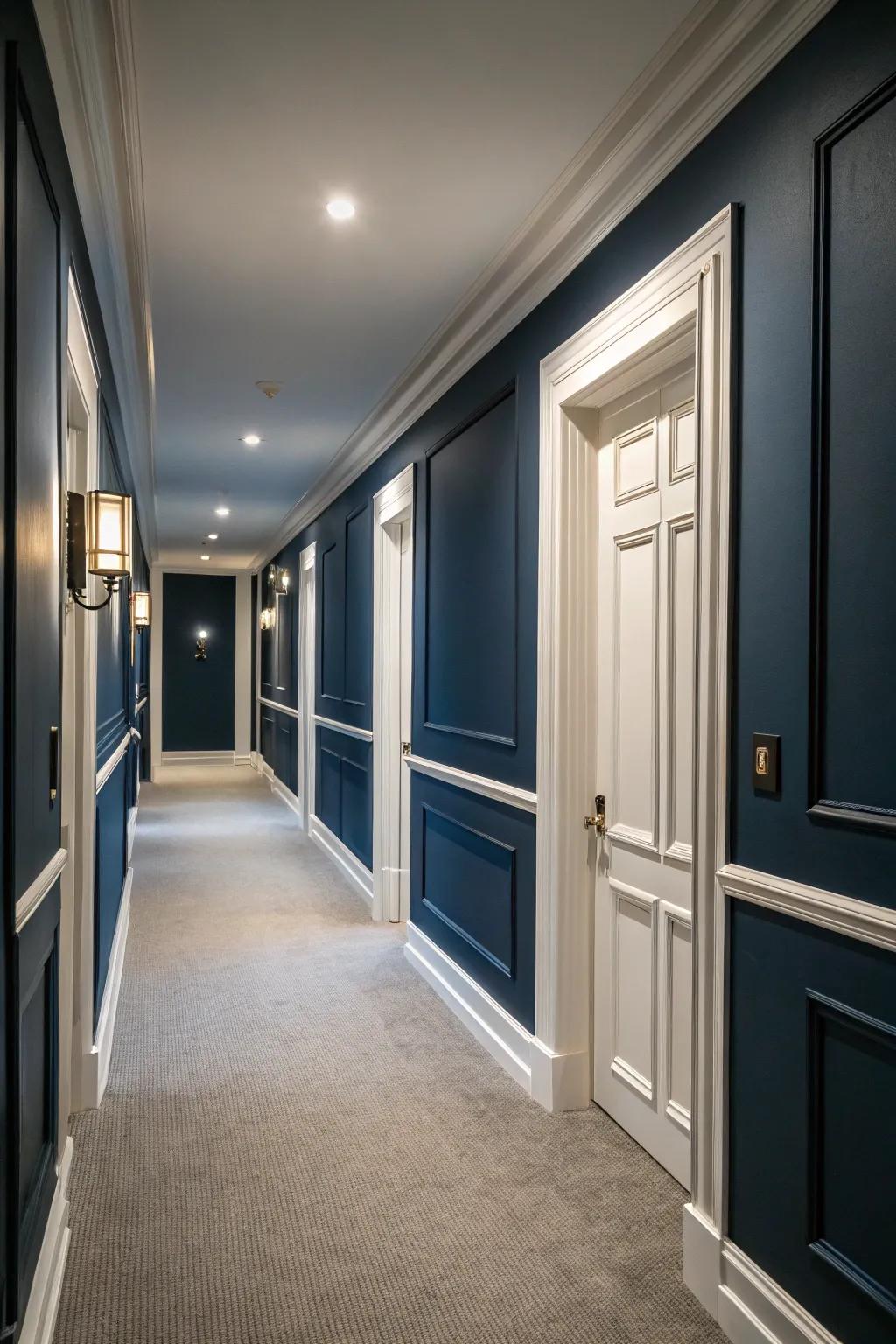 A bold, immersive hallway with dark blue walls setting a dramatic tone.
