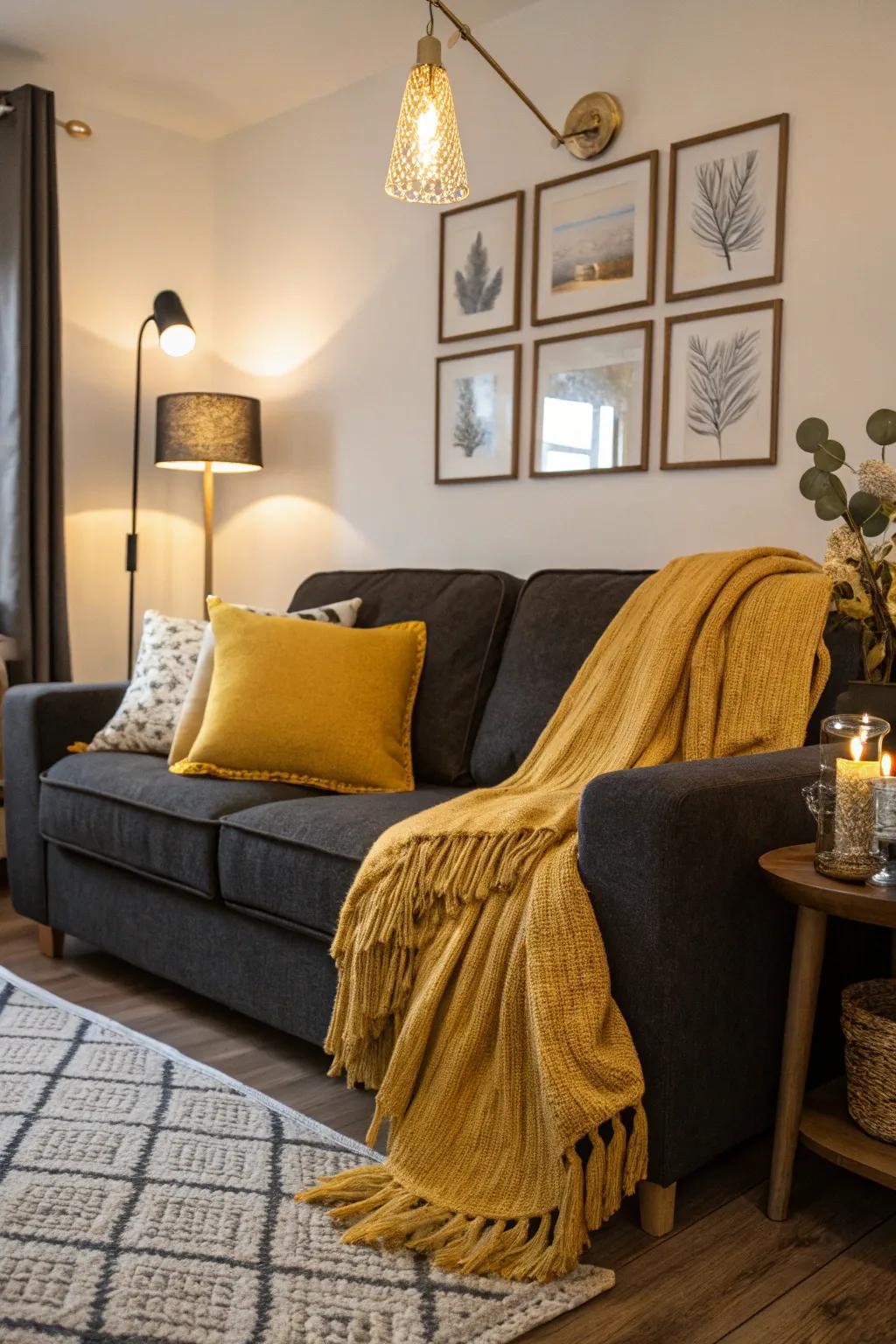 Dark grey couch accented with mustard yellow accessories for a vibrant look.