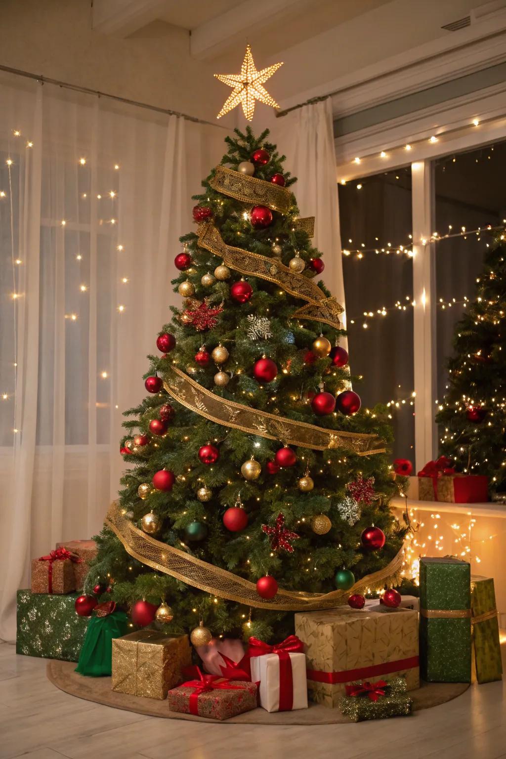 Classic elegance with a red and green Christmas tree adorned with gold accents.