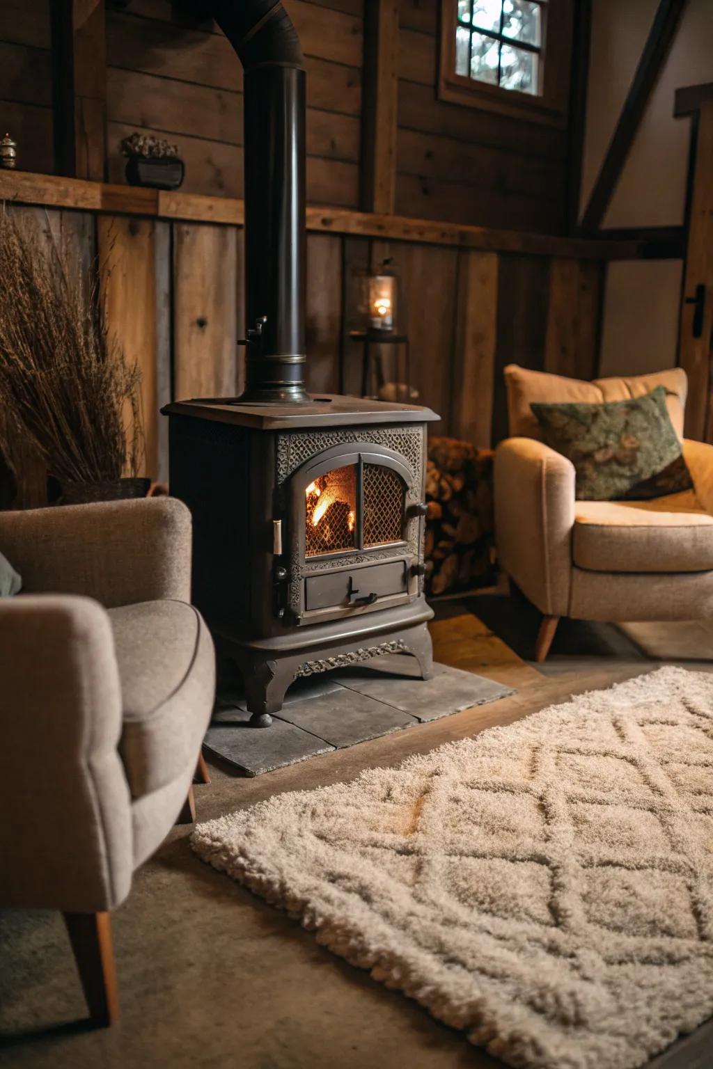 Soft rugs add warmth and define the space around the stove.