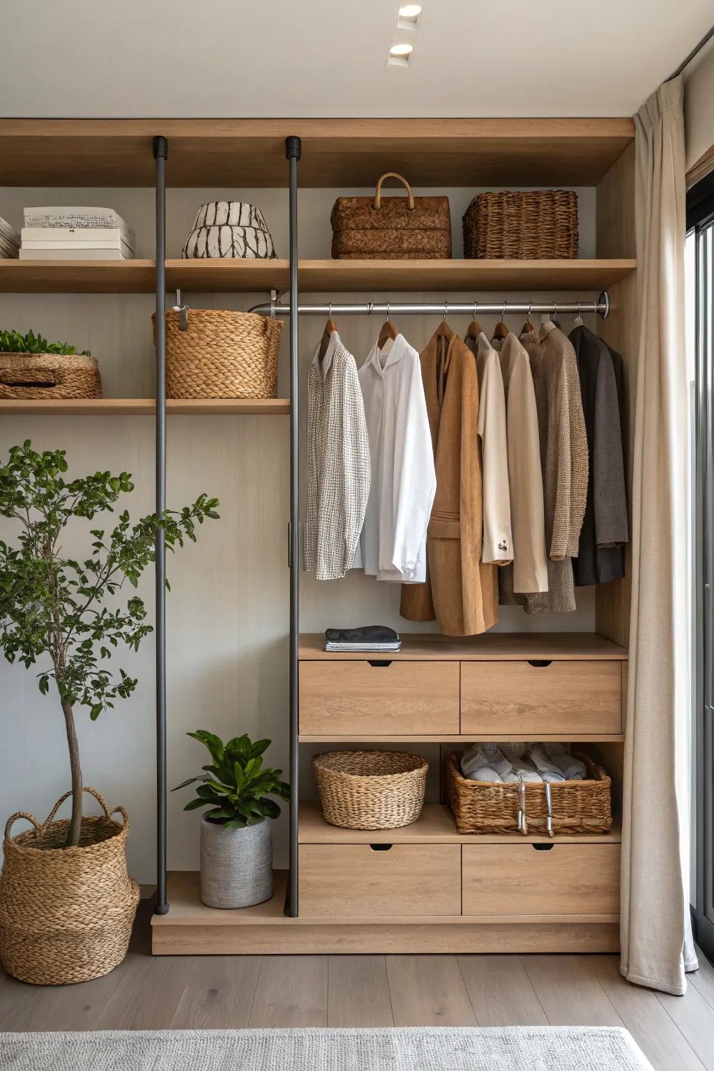 Transform your wardrobe into a chic, boutique-like space with open shelving and rods for easy access to your favorite pieces.