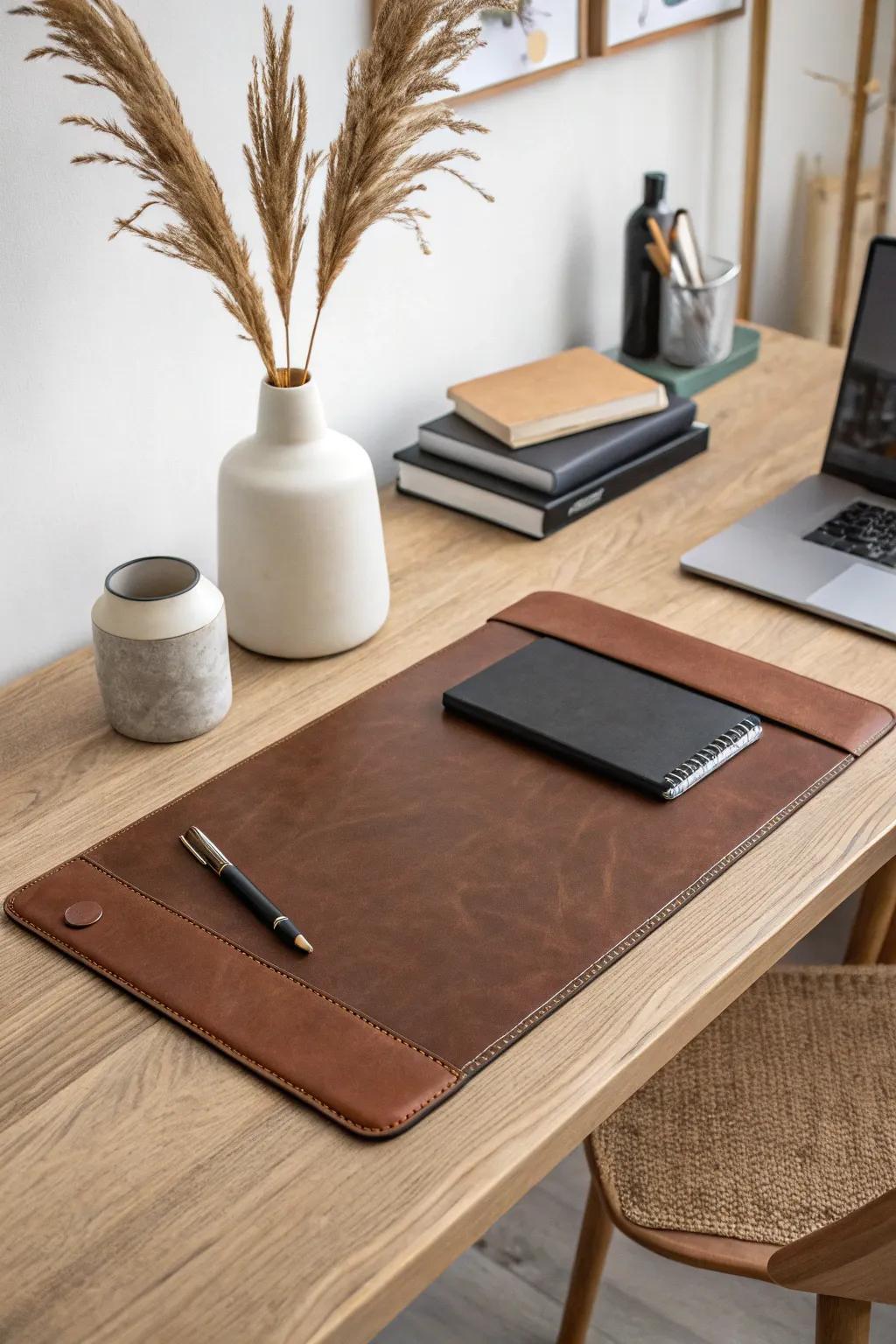 Elevate your workspace with a chic DIY leather desk pad, blending Scandinavian minimalism with boho charm.