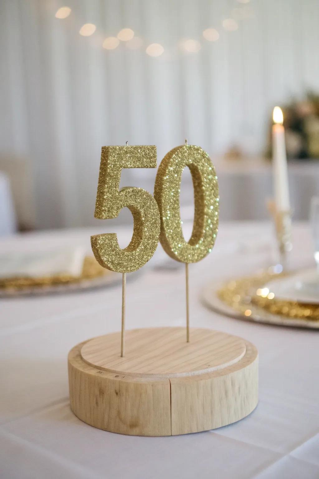 Celebrate in style with this elegant DIY glittery '50' centerpiece, perfect for a golden milestone.