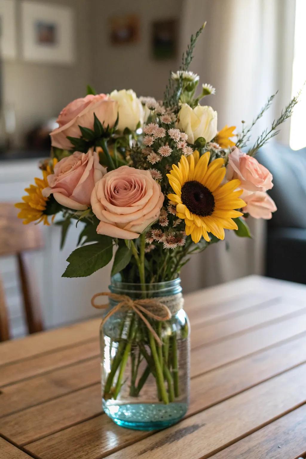Blooming Elegance: A rustic yet sophisticated floral centerpiece for a memorable celebration.