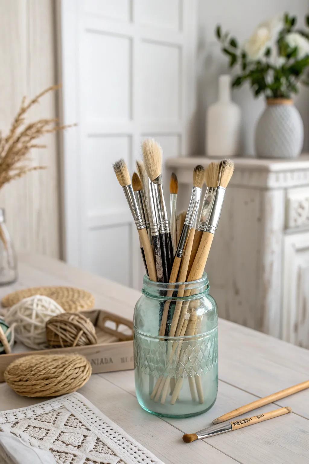 Elevate your art studio with rustic charm: Mason jars make perfect brush holders!