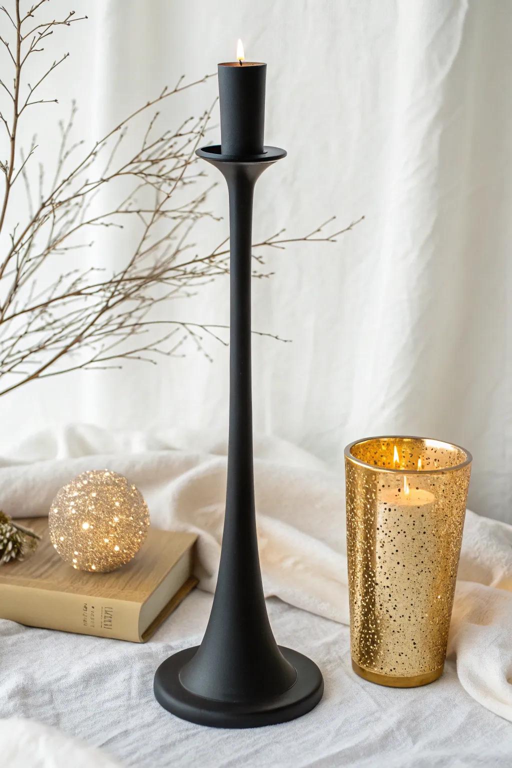 Illuminate your space with the chic elegance of black and gold candlelight.