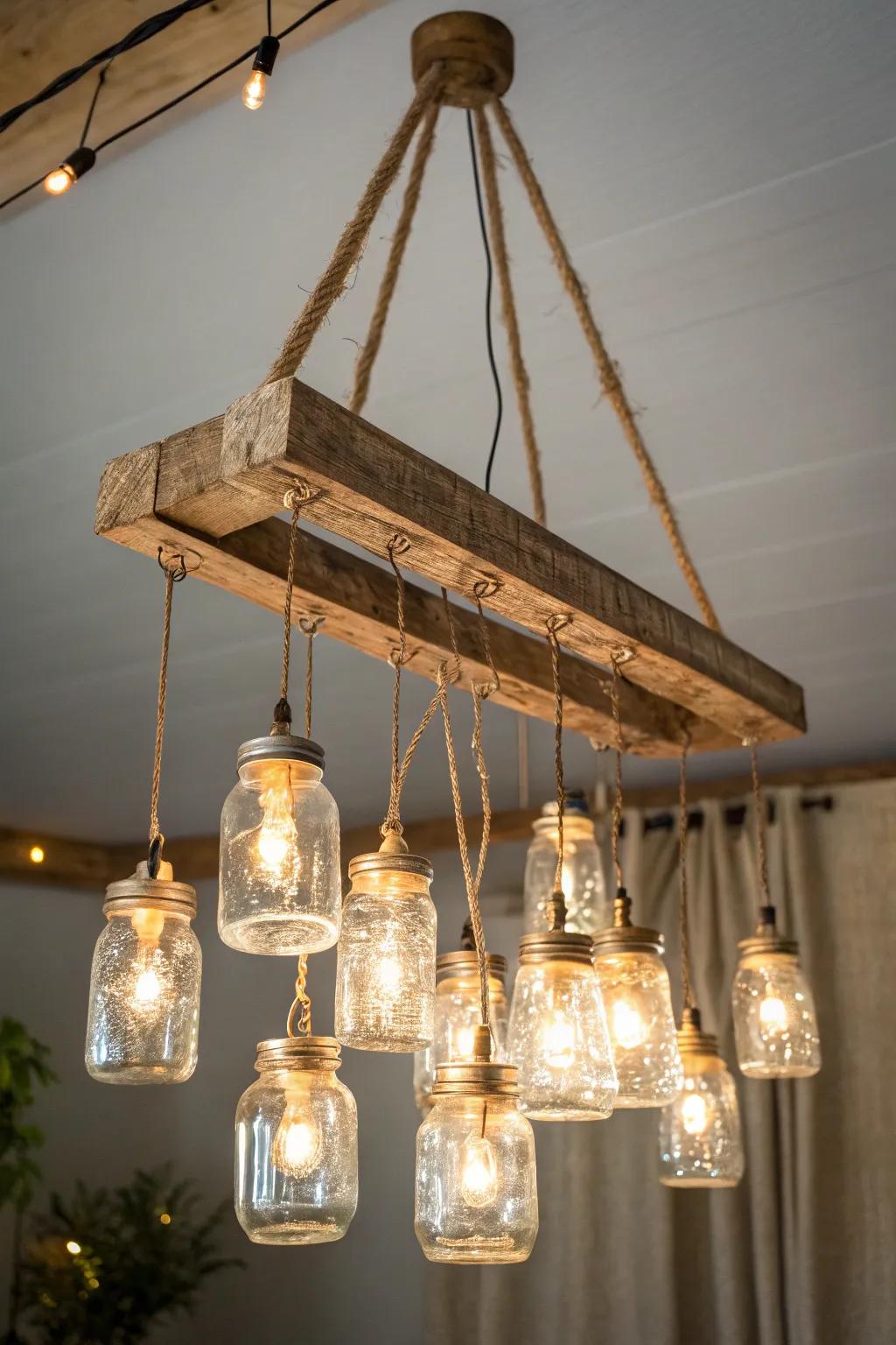 Illuminate your space with a touch of rustic elegance. Transform mason jars into a stunning DIY chandelier that exudes warmth and charm.