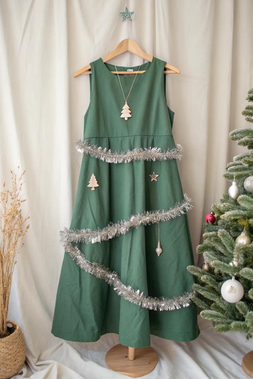 Transform your green dress into a festive masterpiece with this charming DIY Christmas tree costume!