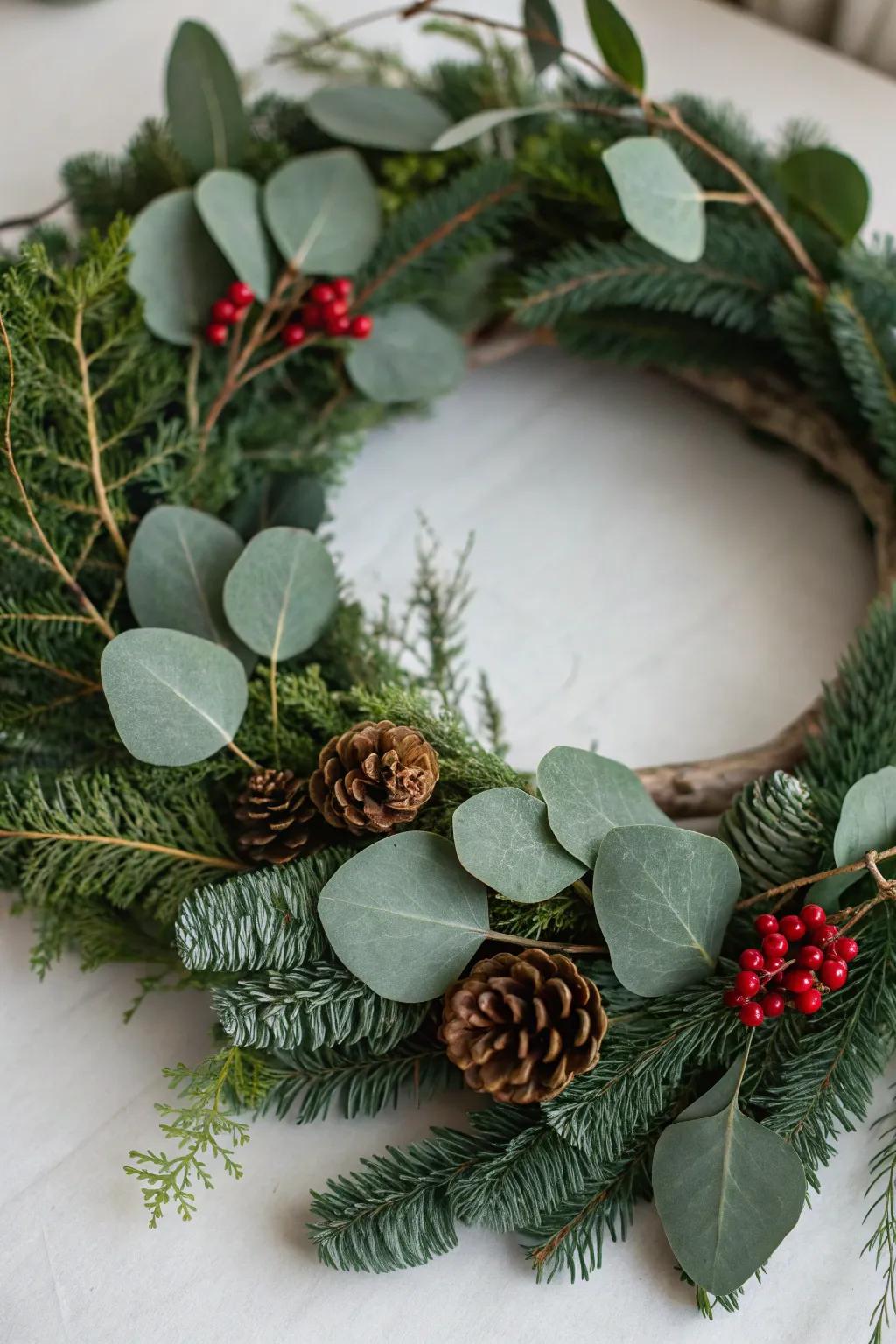Embrace the rustic charm of Christmas with a handmade greenery wreath that speaks simplicity and elegance.