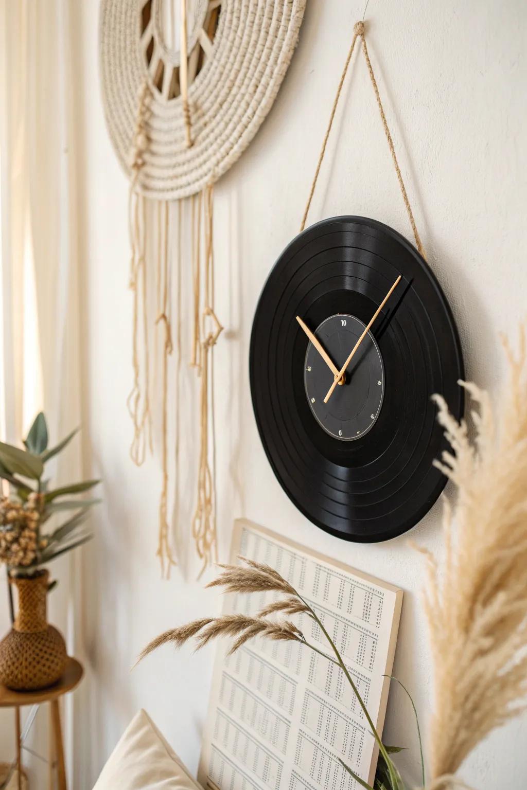 Transform nostalgia into time with a chic vinyl record clock. Perfect for lovers of Scandinavian simplicity with a boho twist.