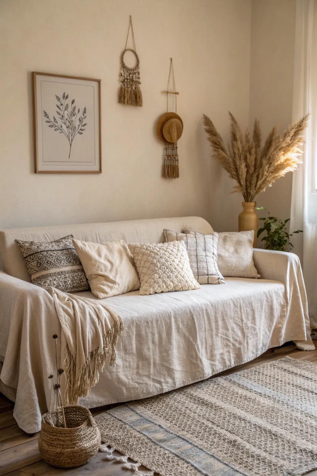 Effortless elegance: Transform your couch with a simple, no-sew bedsheet cover for a cozy, Scandinavian-Boho vibe.
